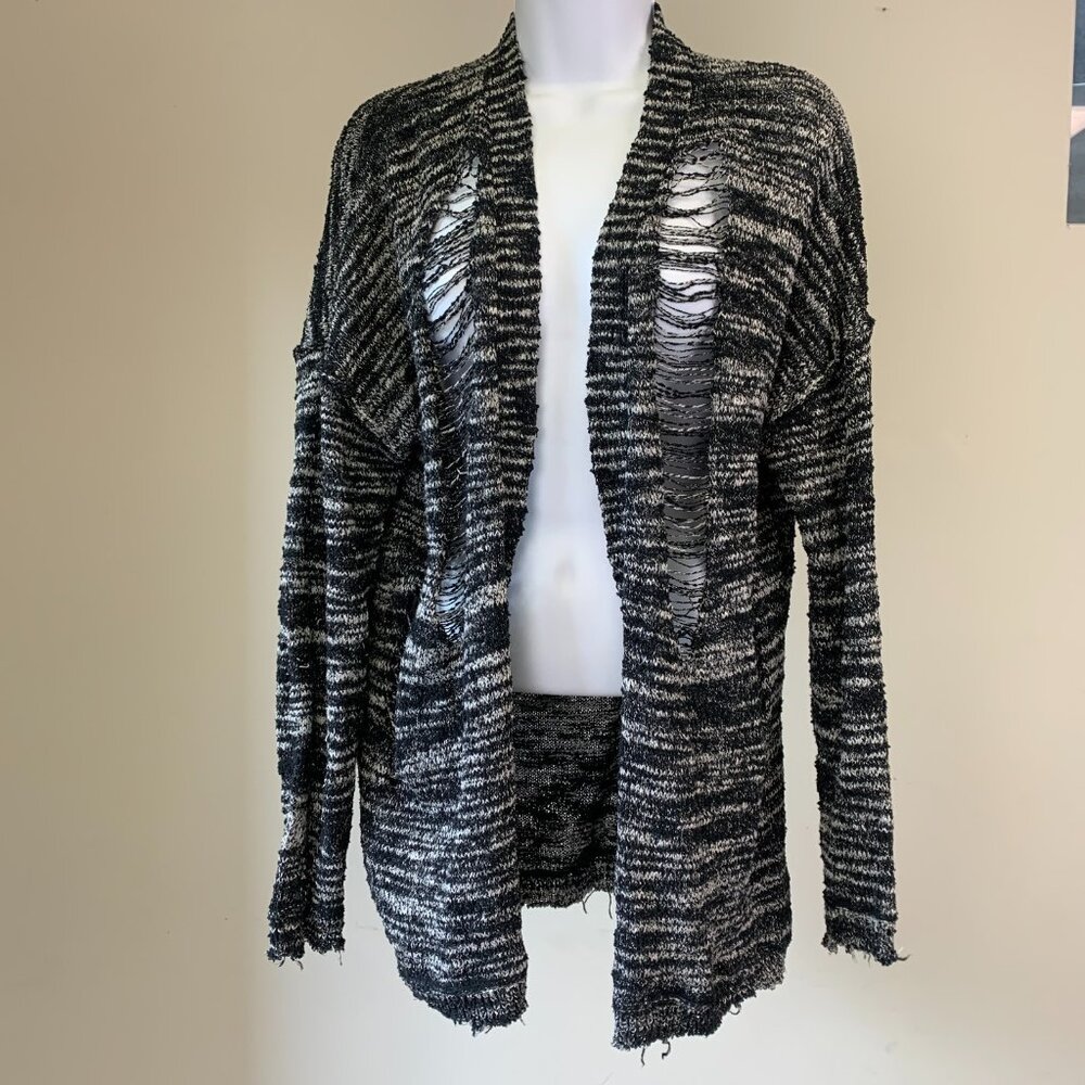 BKE Sweater sz L Large Cardigan Black Gray Distressed Holes Funky Style